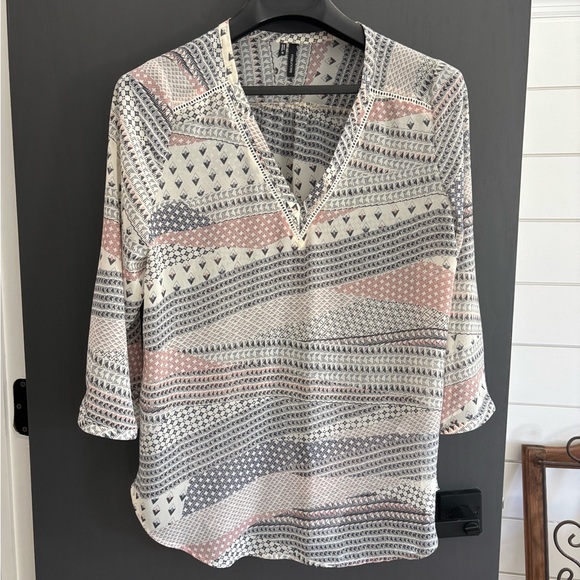 Maurices Tops - Maurices Geometric V-Neck Blouse - Pink, Gray, White